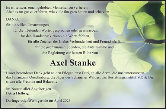 Traueranzeige von Axel Stanke von Volksstimme Wernigerode