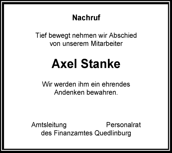 Traueranzeige von Axel Stanke von Volksstimme Wernigerode
