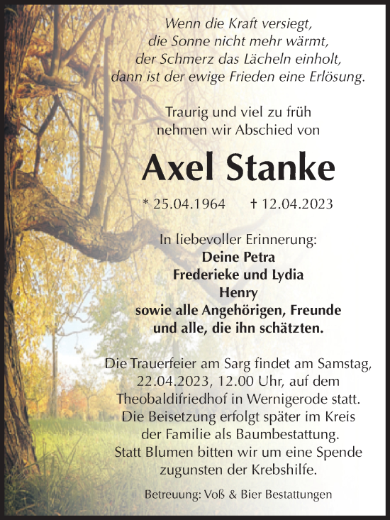 Traueranzeige von Axel Stanke von Volksstimme Wernigerode