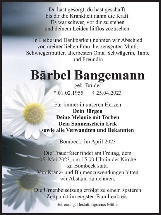 Traueranzeige von Bärbel Bangemann von Volksstimme Altmark West