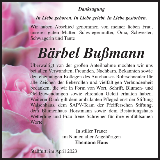 Traueranzeige von Bärbel Bußmann von Volksstimme Staßfurt