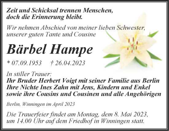 Traueranzeige von Bärbel Hampe von Trauerkombi Aschersleben