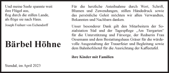 Traueranzeige von Bärbel Höhne von Volksstimme Altmark Ost