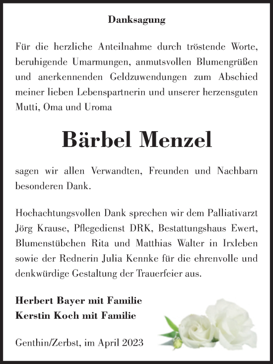 Traueranzeige von Bärbel Menzel von Volksstimme Burg/Genthin