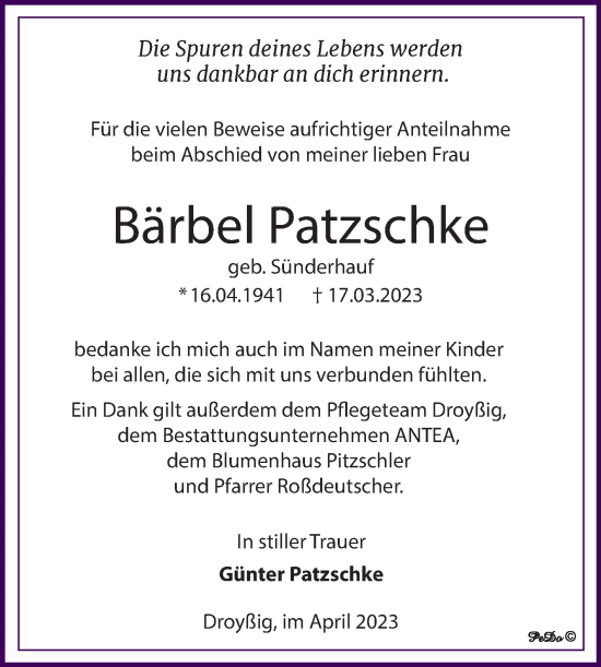 Traueranzeige von Bärbel Patzschke von Trauerkombi Zeitz