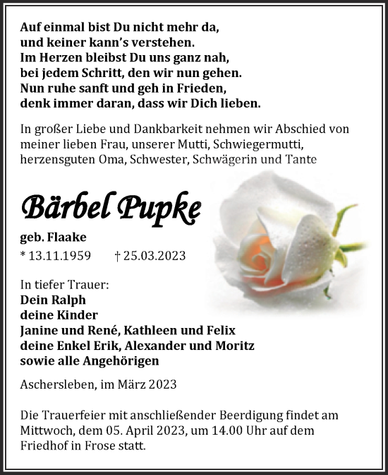 Traueranzeige von Bärbel Pupke von Trauerkombi Aschersleben