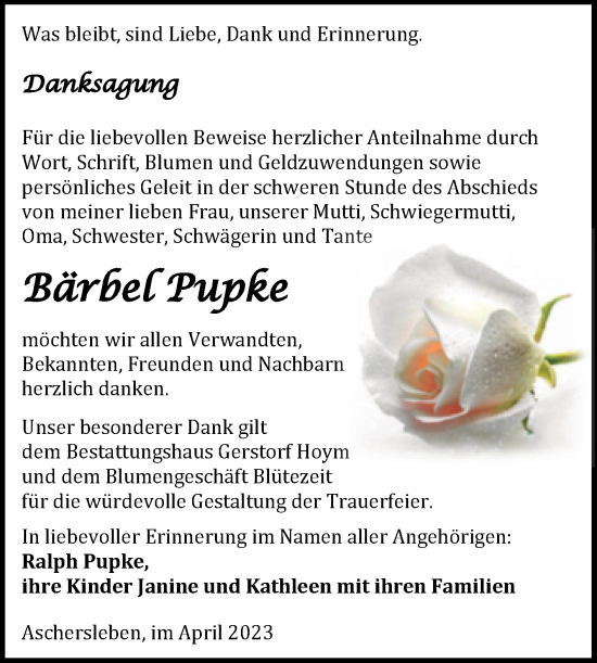 Traueranzeige von Bärbel Pupke von Trauerkombi Aschersleben