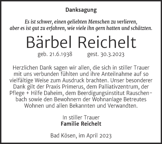 Traueranzeige von Bärbel Reichelt von Wochenspiegel Naumburg/Nebra