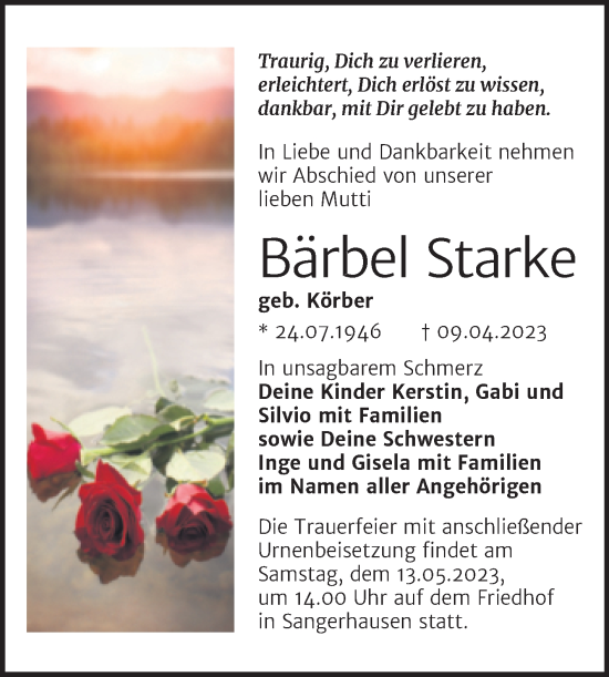 Traueranzeige von Bärbel Starke von Trauerkombi Sangerhausen