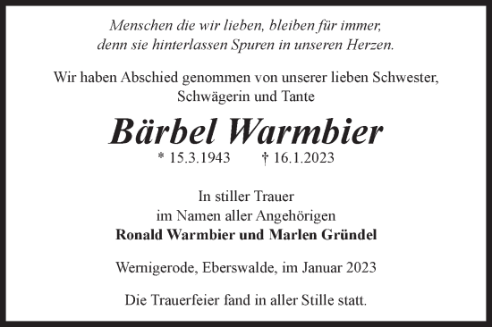 Traueranzeige von Bärbel Warmbier von Volksstimme Wernigerode
