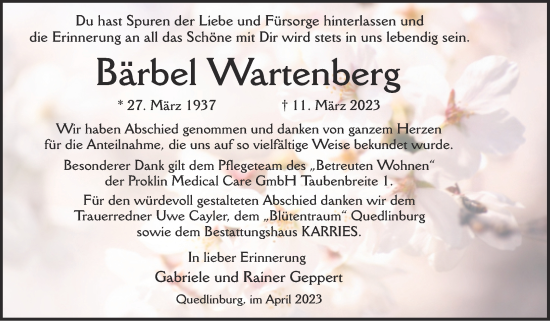 Traueranzeige von Bärbel Wartenberg von Trauerkombi Quedlinburg