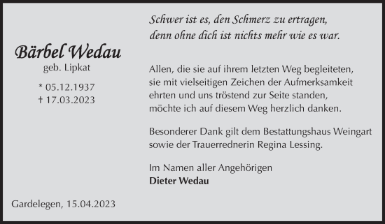 Traueranzeige von Bärbel Wedau von Volksstimme Altmark West