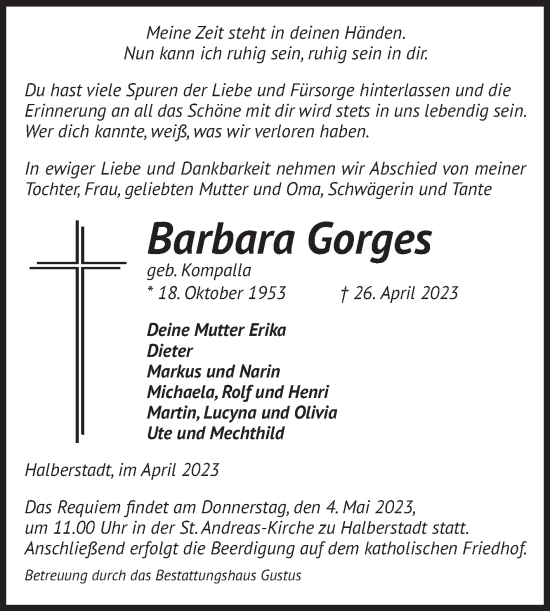 Traueranzeige von Barbara Gorges von Volksstimme Halberstadt