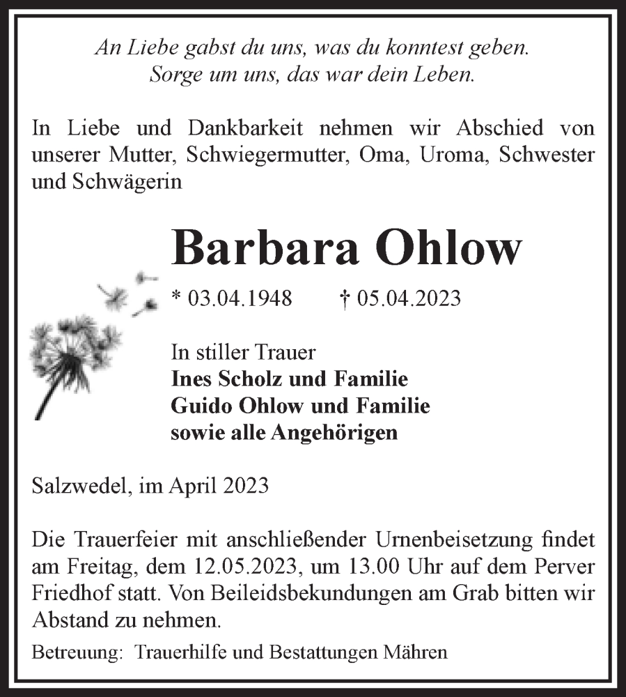  Traueranzeige für Barbara Ohlow vom 22.04.2023 aus Volksstimme Altmark West