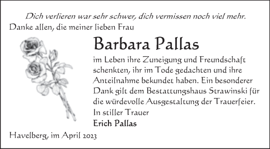 Traueranzeige von Barbara Pallas von Volksstimme Altmark Ost