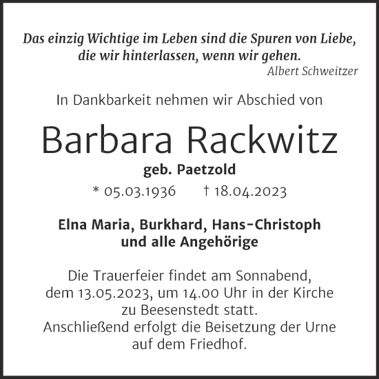 Traueranzeige von Barbara Rackwitz von Mitteldeutsche Zeitung Halle/Saalkreis