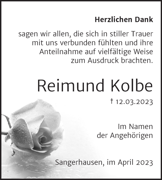Traueranzeige von Reimund Kolbe von Trauerkombi Sangerhausen