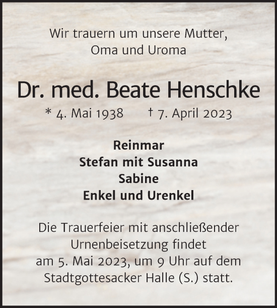 Traueranzeige von Beate Henschke von Mitteldeutsche Zeitung Halle/Saalkreis