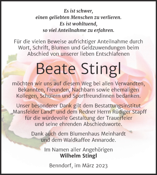 Traueranzeige von Beate Stingl von Trauerkombi Mansfelder Land