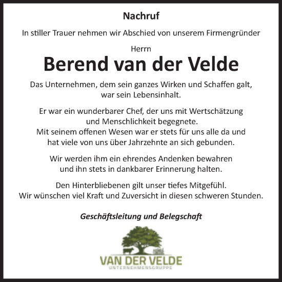 Traueranzeige von Berend van der Velde von Volksstimme Halberstadt