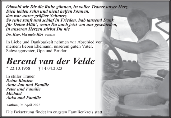 Traueranzeige von Berend van der Velde von Magdeburger Volksstimme
