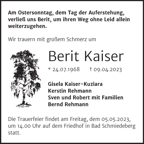 Traueranzeige von Berit Kaiser von Trauerkombi Wittenberg