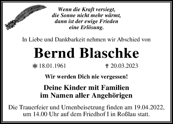 Traueranzeige von Bernd Blaschke von Trauerkombi Dessau