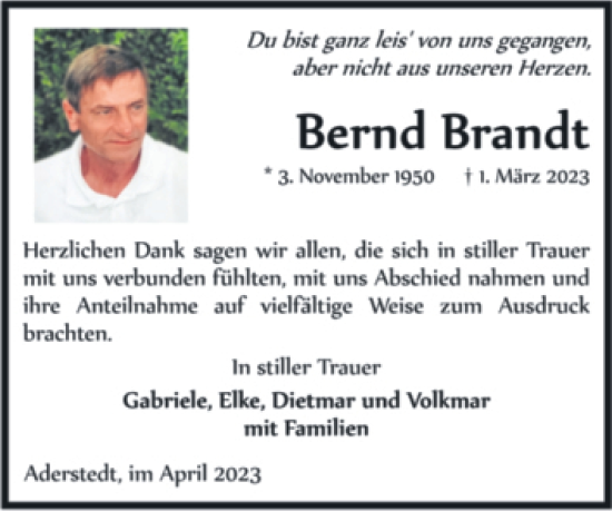 Traueranzeige von Bernd Brandt von Volksstimme Halberstadt
