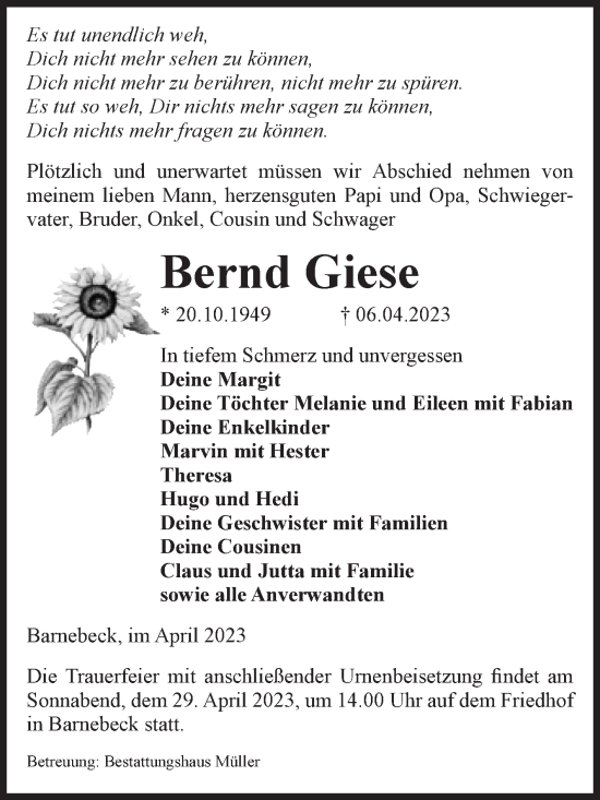 Traueranzeige von Bernd Giese von Volksstimme Altmark West