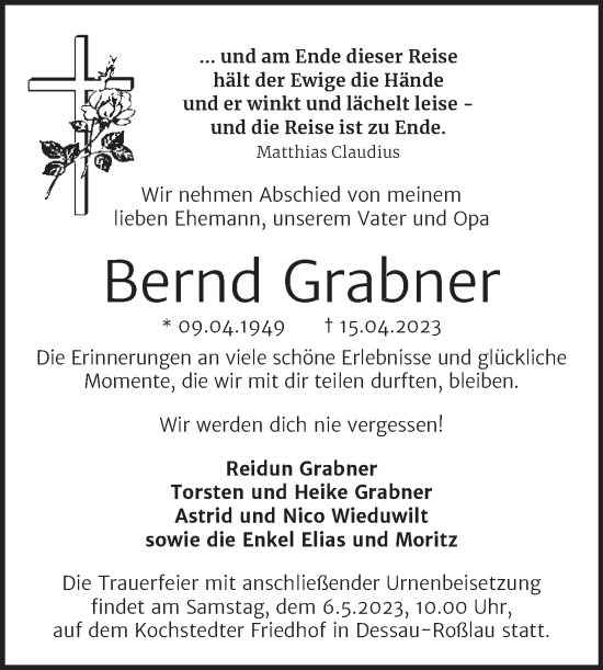 Traueranzeige von Bernd Grabner von Trauerkombi Dessau