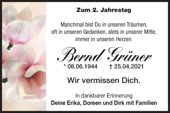 Traueranzeige von Bernd Grüner von Volksstimme Magdeburg