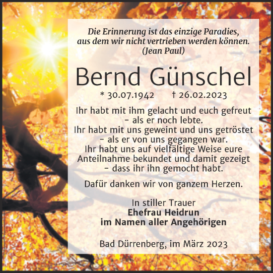 Traueranzeige von Bernd Günschel von Trauerkombi Merseburg