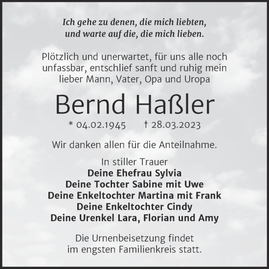 Traueranzeige von Bernd Haßler von Trauerkombi Bitterfeld