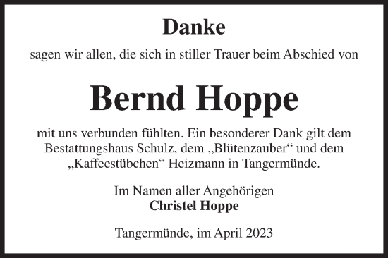 Traueranzeige von Bernd Hoppe von Volksstimme Altmark Ost
