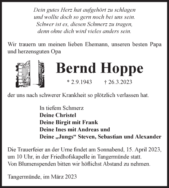 Traueranzeige von Bernd Hoppe von Volksstimme Altmark Ost