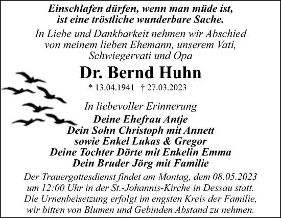 Traueranzeige von Bernd Huhn von Trauerkombi Dessau