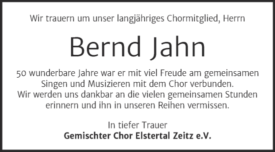 Traueranzeige von Bernd Jahn von Trauerkombi Zeitz