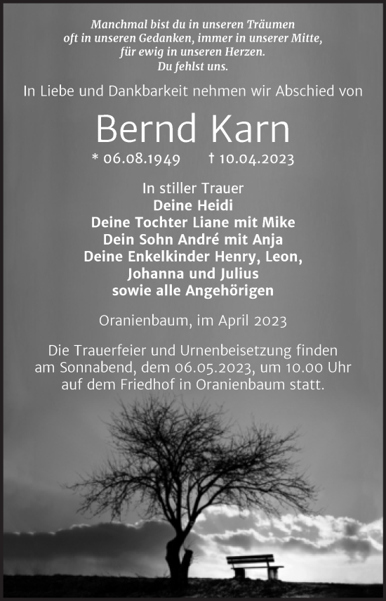Traueranzeige von Bernd Karn von Trauerkombi Wittenberg