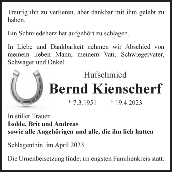 Traueranzeige von Bernd Kienscherf von Volksstimme Burg/Genthin