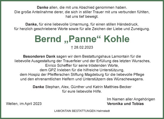 Traueranzeige von Bernd Kohle von Volksstimme Haldensleben/Wolmirstedt