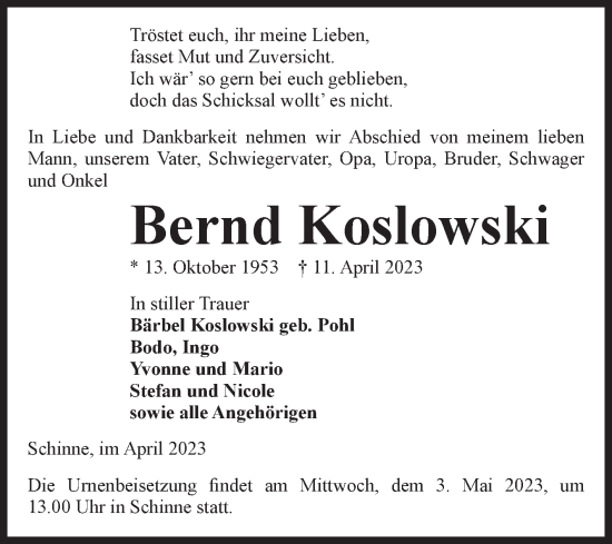 Traueranzeige von Bernd Koslowski von Volksstimme Altmark Ost
