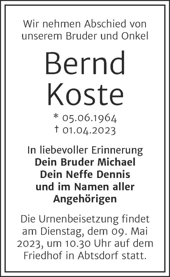 Traueranzeige von Bernd Koste von Trauerkombi Wittenberg