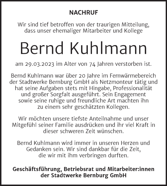 Traueranzeige von Bernd Kuhlmann von Mitteldeutsche Zeitung Bernburg