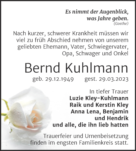 Traueranzeige von Bernd Kuhlmann von Trauerkombi Bernburg