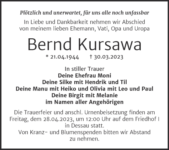 Traueranzeige von Bernd Kursawa von Trauerkombi Dessau