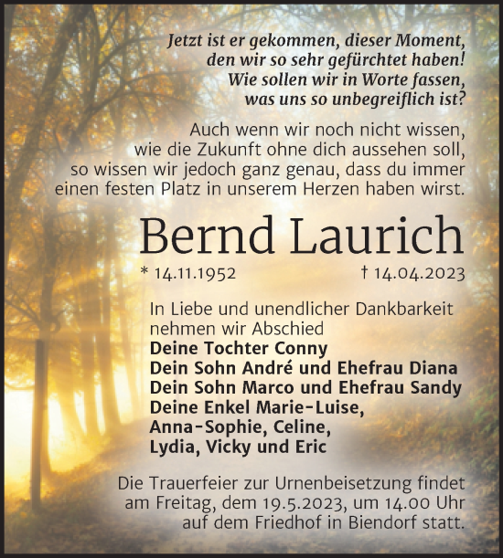 Traueranzeige von Bernd Laurich von Trauerkombi Bernburg