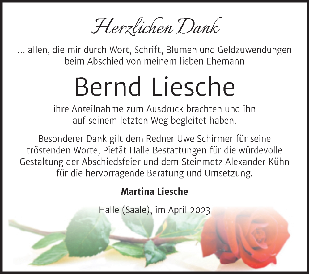  Traueranzeige für Bernd Liesche vom 22.04.2023 aus Mitteldeutsche Zeitung Halle/Saalkreis