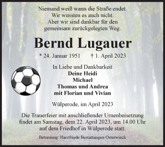 Traueranzeige von Bernd Lugauer von Volksstimme Halberstadt