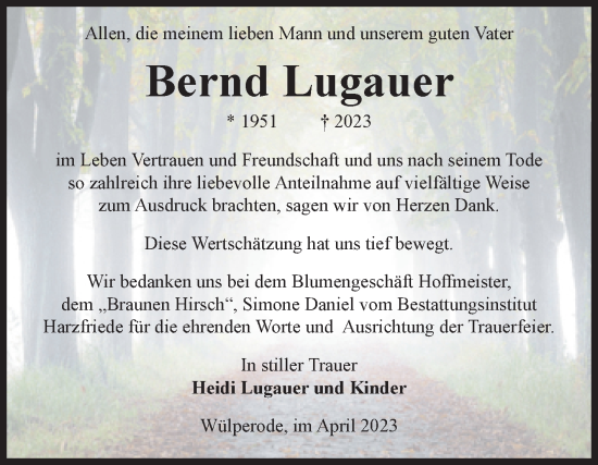 Traueranzeige von Bernd Lugauer von Volksstimme Halberstadt