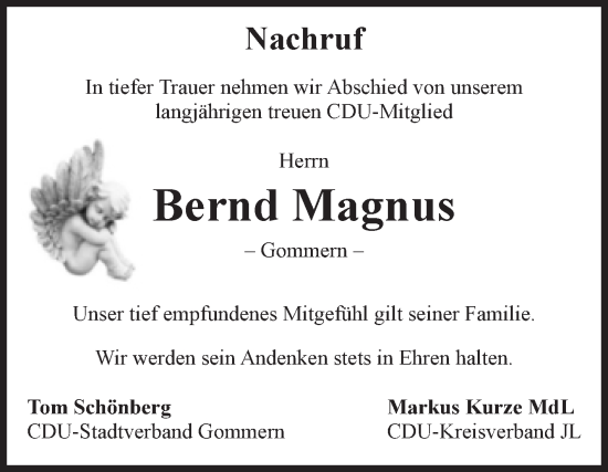Traueranzeige von Bernd Magnus von Volksstimme Burg/Genthin